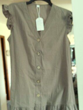 NWT Save The World Fab Recycled Modest V Nk. Buttoned Cap Sleeve Green Dress LG.